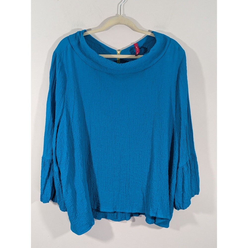 IC By Connie K Textured Blue Blouse 3/4 Slv Side Pockets Contrast Zipper Sz 3X